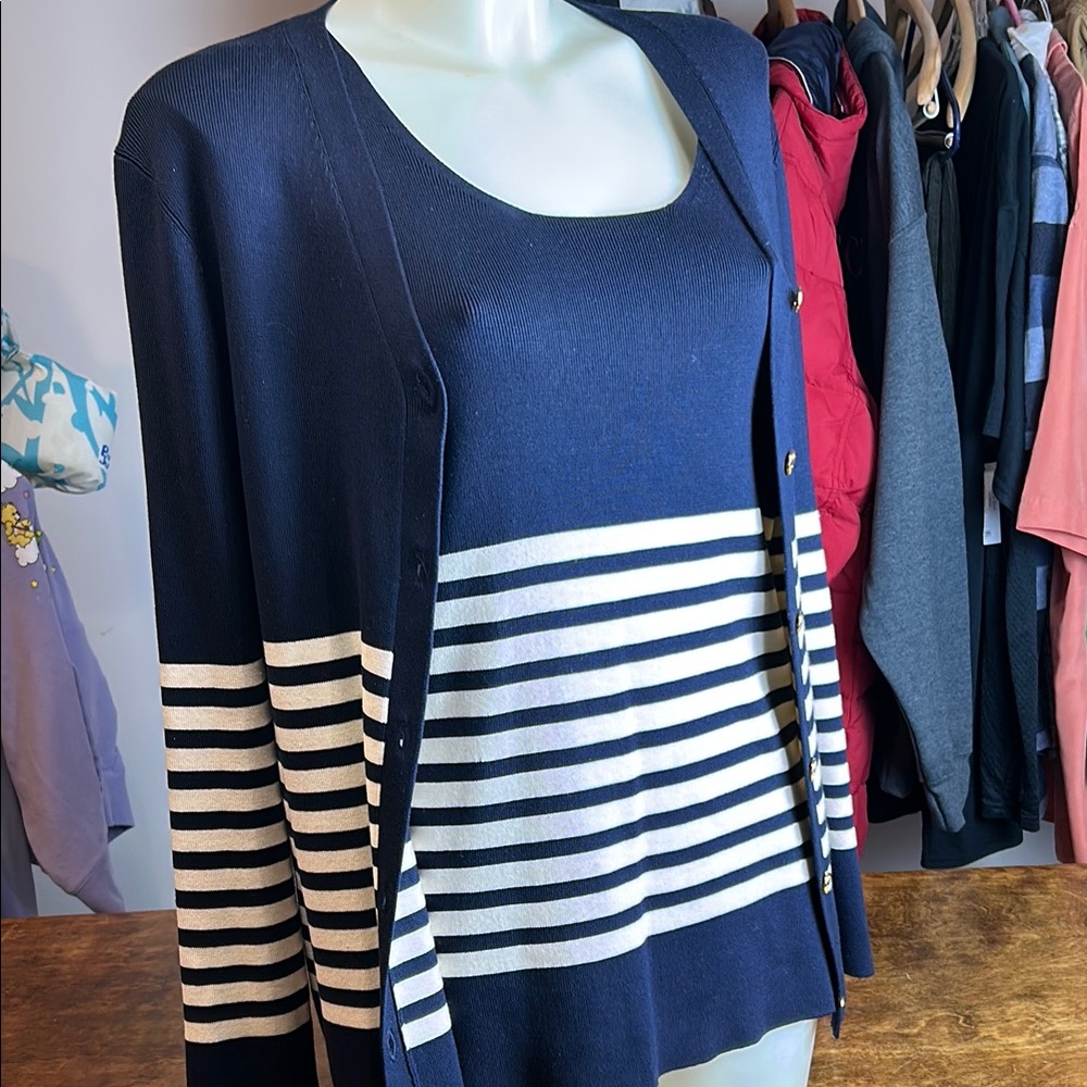 Lauren Ralph Lauren Blue and White Button Down Tank Top with Cardigan - Picture 15 of 16